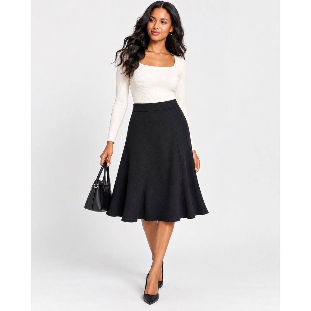 St John Collection Black Wool Skirt Size 12 A Line Midi Preppy Quiet Luxury Chic